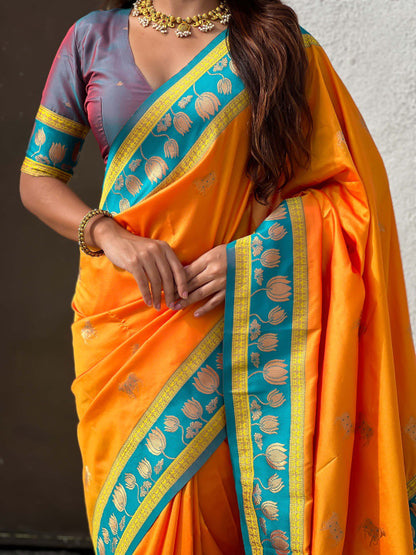 Ephemeral Orange Soft Banarasi Silk Saree With Breathtaking Blouse Piece