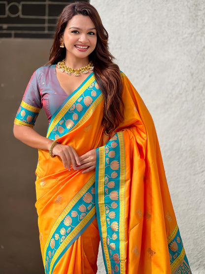 Ephemeral Orange Soft Banarasi Silk Saree With Breathtaking Blouse Piece
