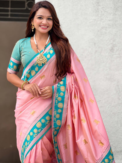 Devastating Pink Soft Banarasi Silk Saree With Lissome Blouse Piece