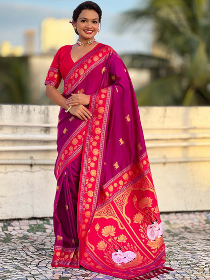 Denouement Purple Soft Banarasi Silk Saree With Vivacious Blouse Piece