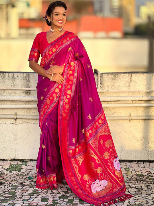 Denouement Purple Soft Banarasi Silk Saree With Vivacious Blouse Piece