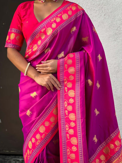 Denouement Purple Soft Banarasi Silk Saree With Vivacious Blouse Piece