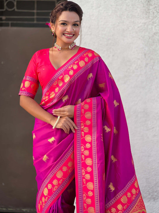 Denouement Purple Soft Banarasi Silk Saree With Vivacious Blouse Piece