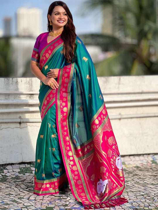 Blissful Rama Soft Banarasi Silk Saree With Woebegone Blouse Piece