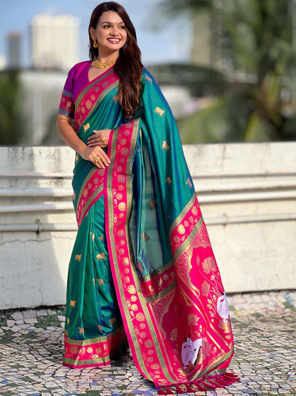 Blissful Rama Soft Banarasi Silk Saree With Woebegone Blouse Piece
