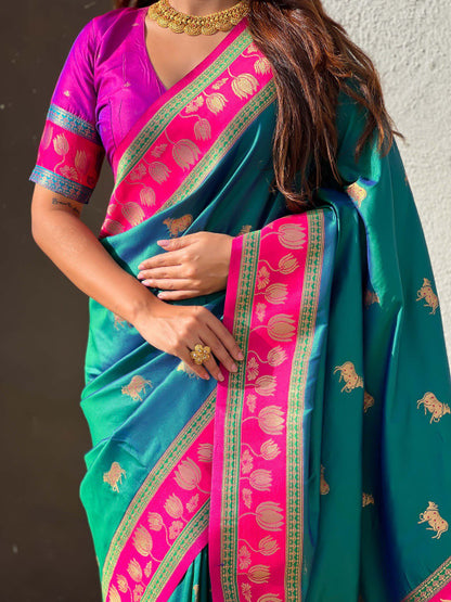 Blissful Rama Soft Banarasi Silk Saree With Woebegone Blouse Piece
