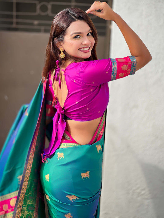 Blissful Rama Soft Banarasi Silk Saree With Woebegone Blouse Piece