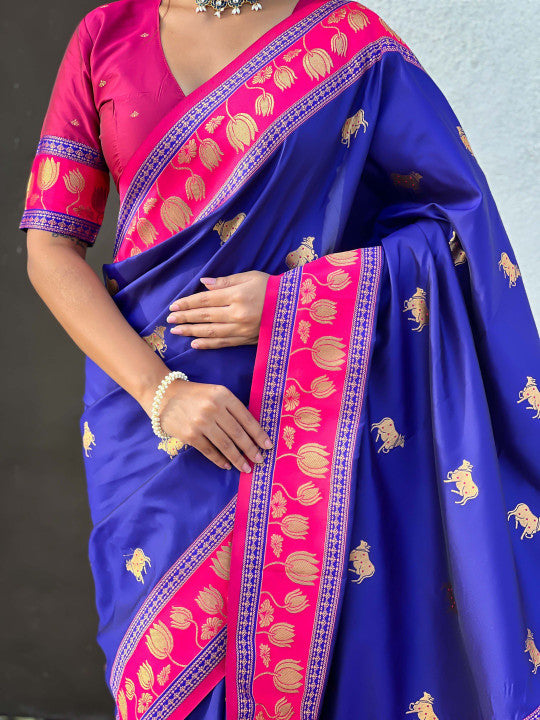 Moiety Royal Blue Soft Banarasi Silk Saree With Staggering Blouse Piece