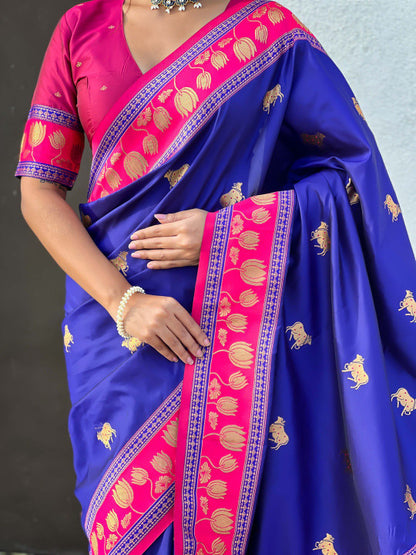 Moiety Royal Blue Soft Banarasi Silk Saree With Staggering Blouse Piece