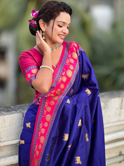 Moiety Royal Blue Soft Banarasi Silk Saree With Staggering Blouse Piece