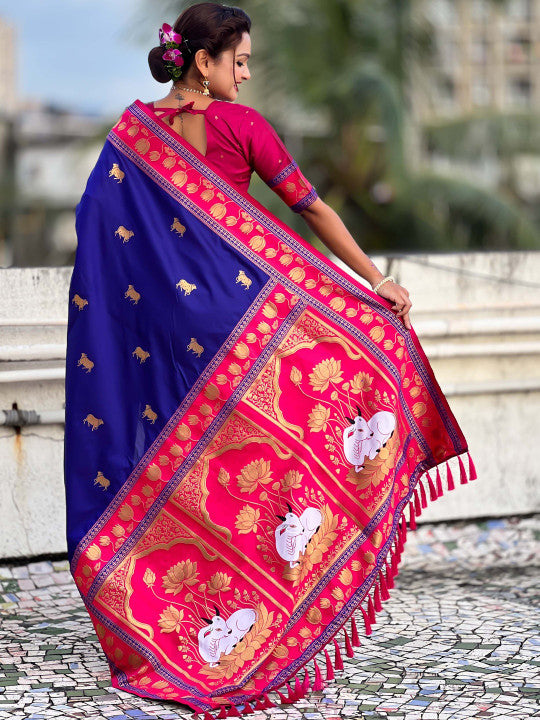 Moiety Royal Blue Soft Banarasi Silk Saree With Staggering Blouse Piece