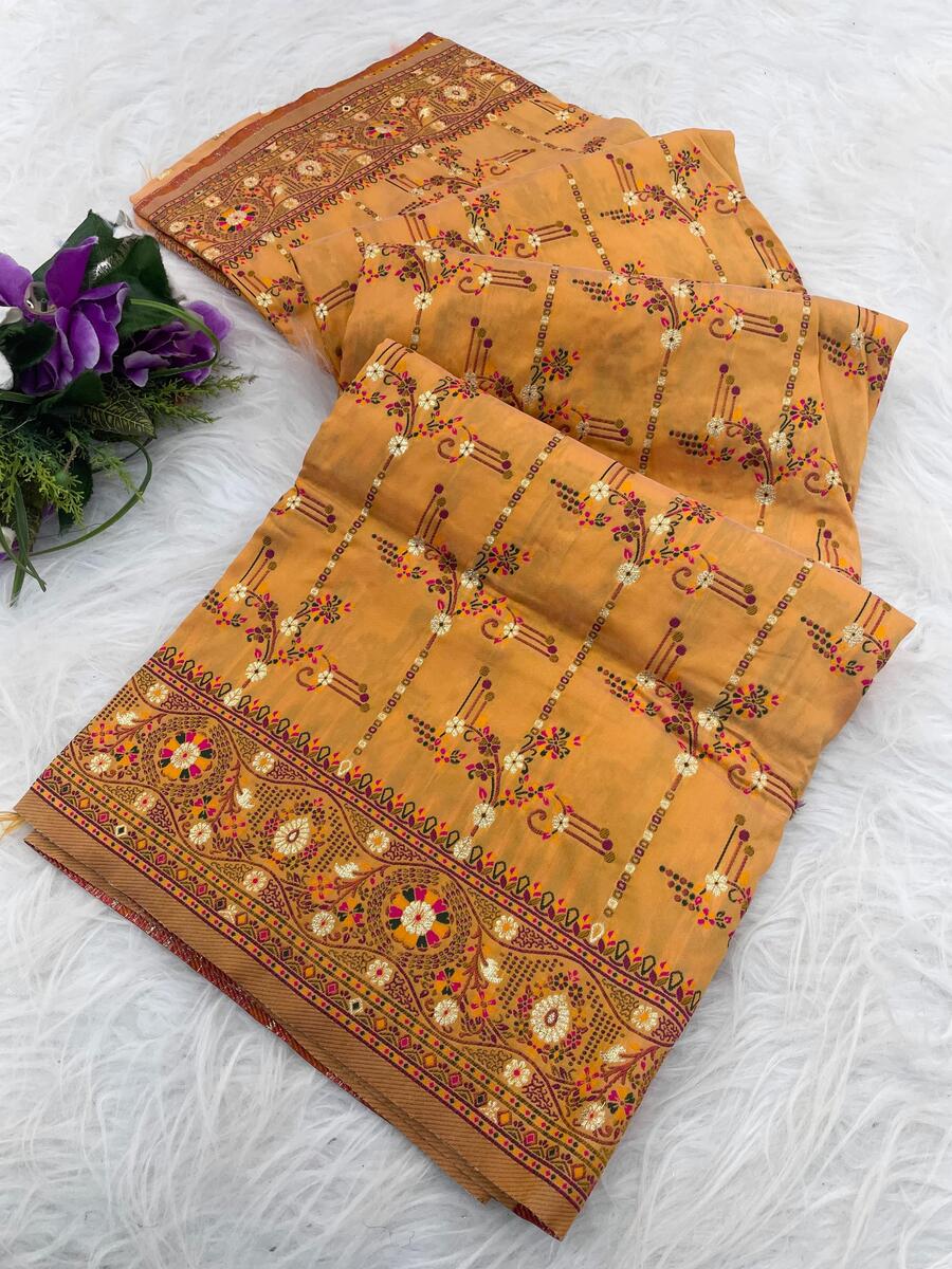 Smart Mustard Nylon Dola Pashmina Saree With Luminous Blouse Piece