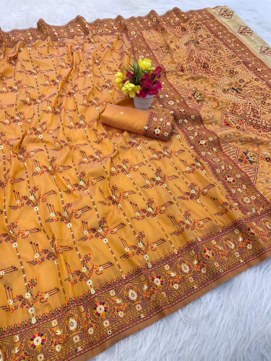 Smart Mustard Nylon Dola Pashmina Saree With Luminous Blouse Piece