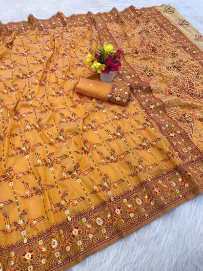 Smart Mustard Nylon Dola Pashmina Saree With Luminous Blouse Piece