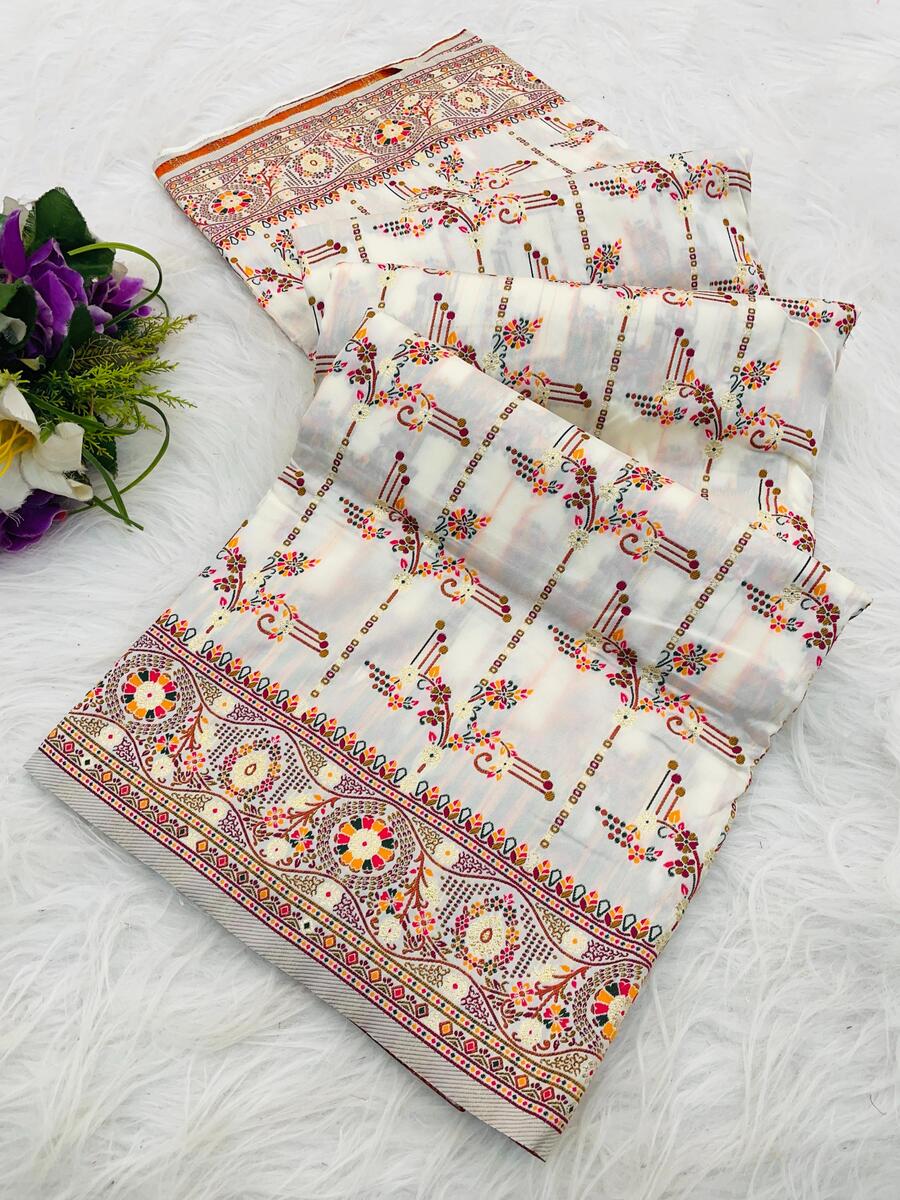 Diaphanous Off White Nylon Dola Pashmina Saree With Zephyr Blouse Piece