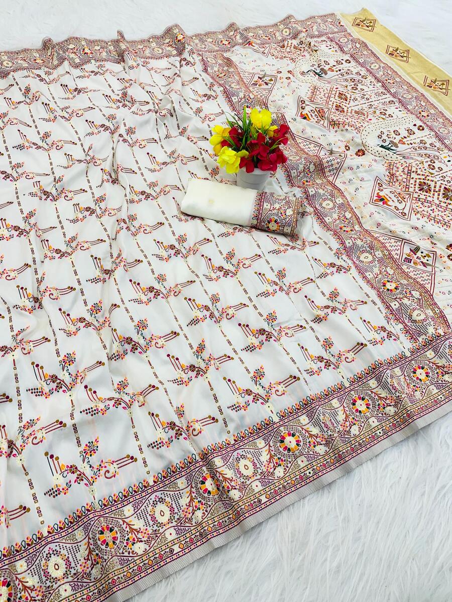 Diaphanous Off White Nylon Dola Pashmina Saree With Zephyr Blouse Piece