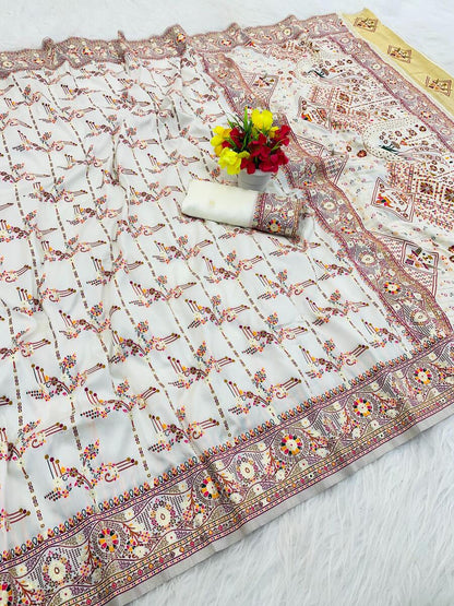 Diaphanous Off White Nylon Dola Pashmina Saree With Zephyr Blouse Piece