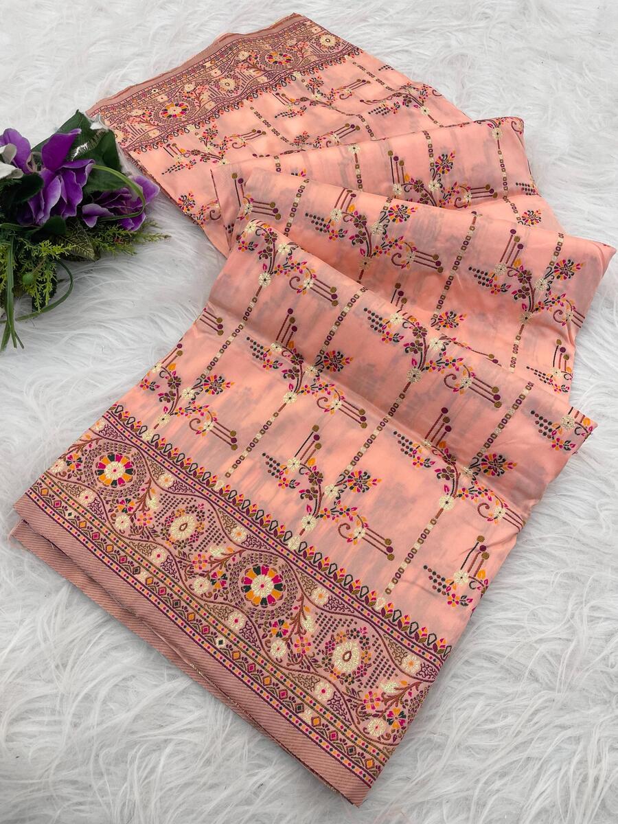 Marvellous Peach Nylon Dola Pashmina Saree With Quixotic Blouse Piece