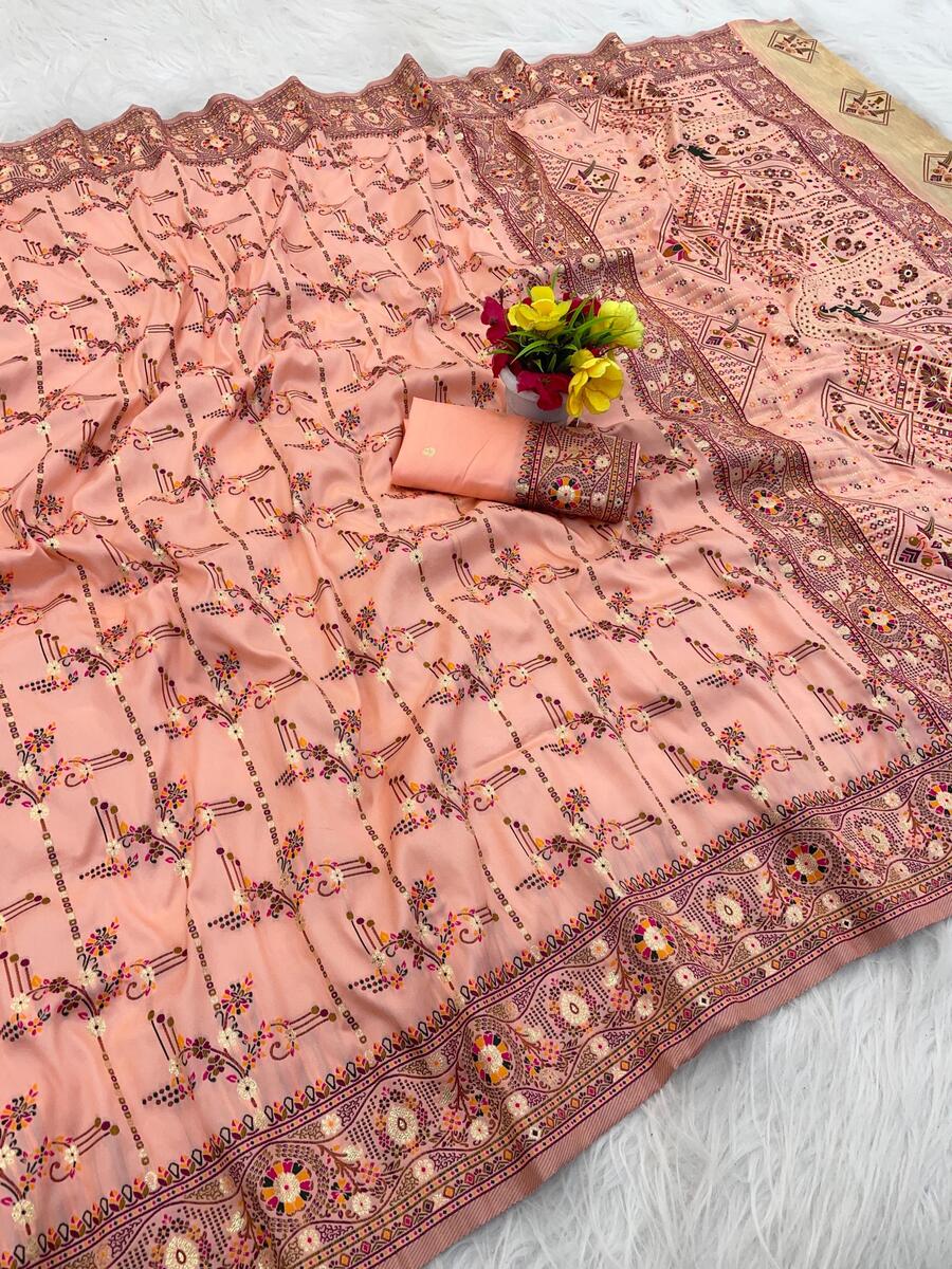 Marvellous Peach Nylon Dola Pashmina Saree With Quixotic Blouse Piece