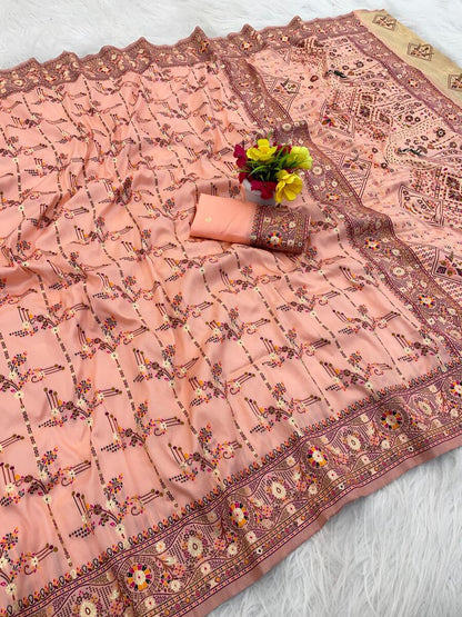 Marvellous Peach Nylon Dola Pashmina Saree With Quixotic Blouse Piece