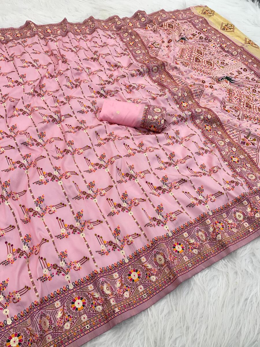 Exquisite Pink Nylon Dola Pashmina Saree With Divine Blouse Piece