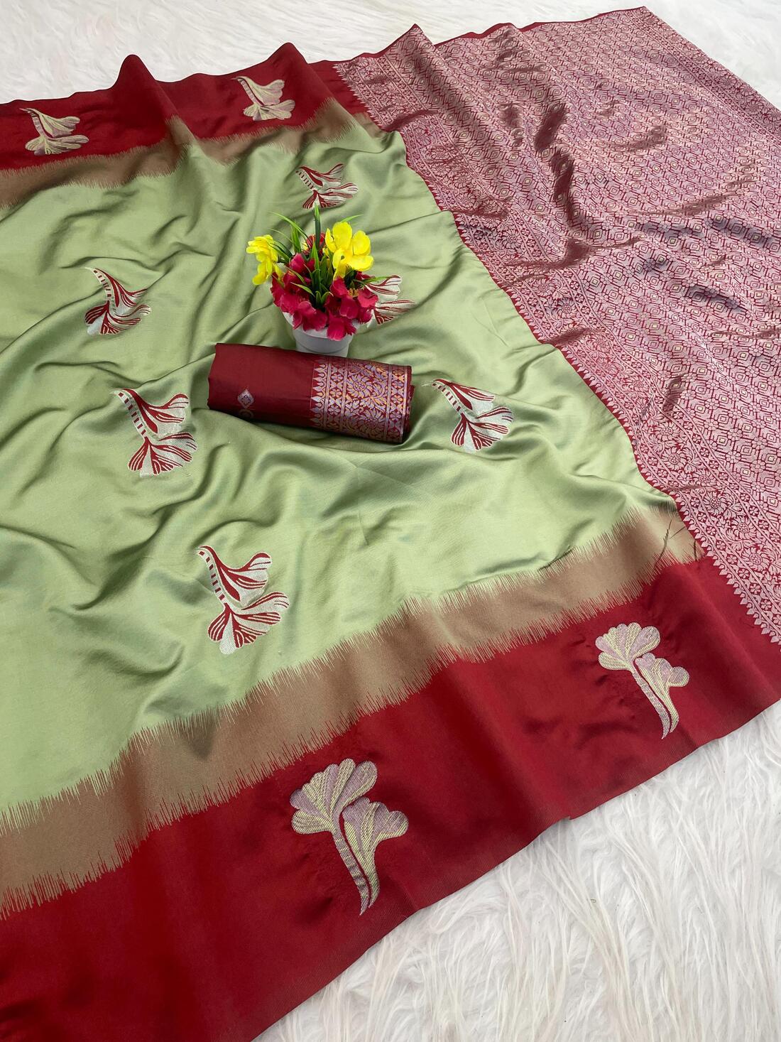 Ebullience Pista Soft Silk Saree With Dulcet Blouse Piece