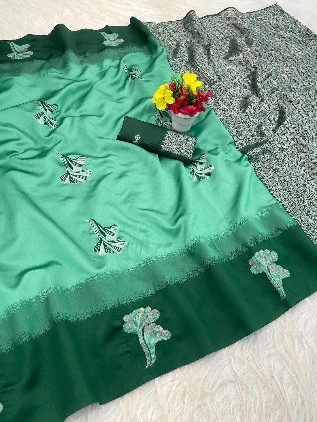 Panoply Sea Green Soft Silk Saree With Elaborate Blouse Piece