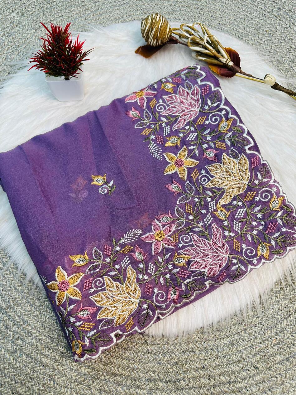 Piquant Lavender Embroidery Work Georgette Saree With Groovy Blouse Piece