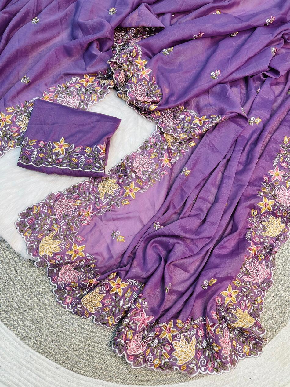 Piquant Lavender Embroidery Work Georgette Saree With Groovy Blouse Piece