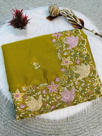 Ephemeral Mehndi Embroidery Work Georgette Saree With Stylish Blouse Piece