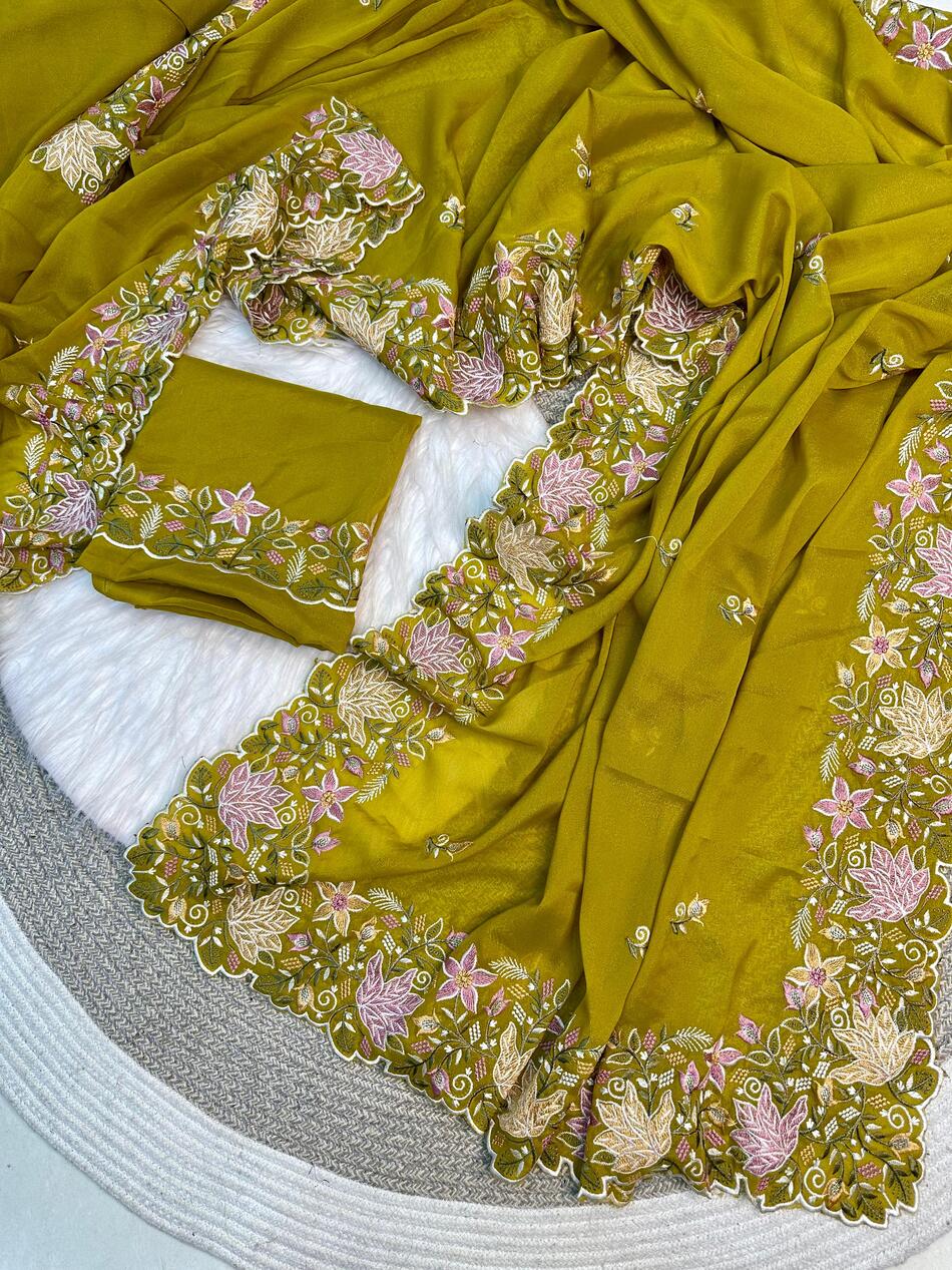 Ephemeral Mehndi Embroidery Work Georgette Saree With Stylish Blouse Piece