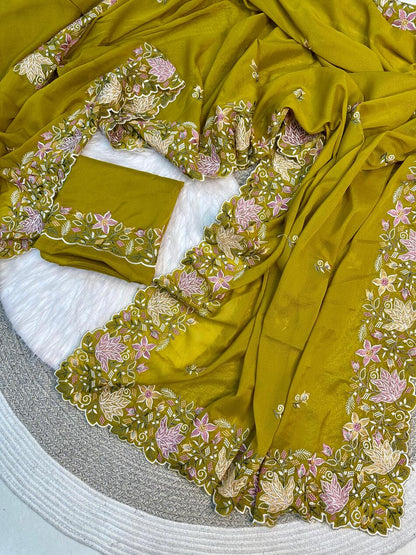 Ephemeral Mehndi Embroidery Work Georgette Saree With Stylish Blouse Piece