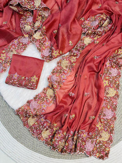 Extraordinary Pink Embroidery Work Georgette Saree With Angelic Blouse Piece