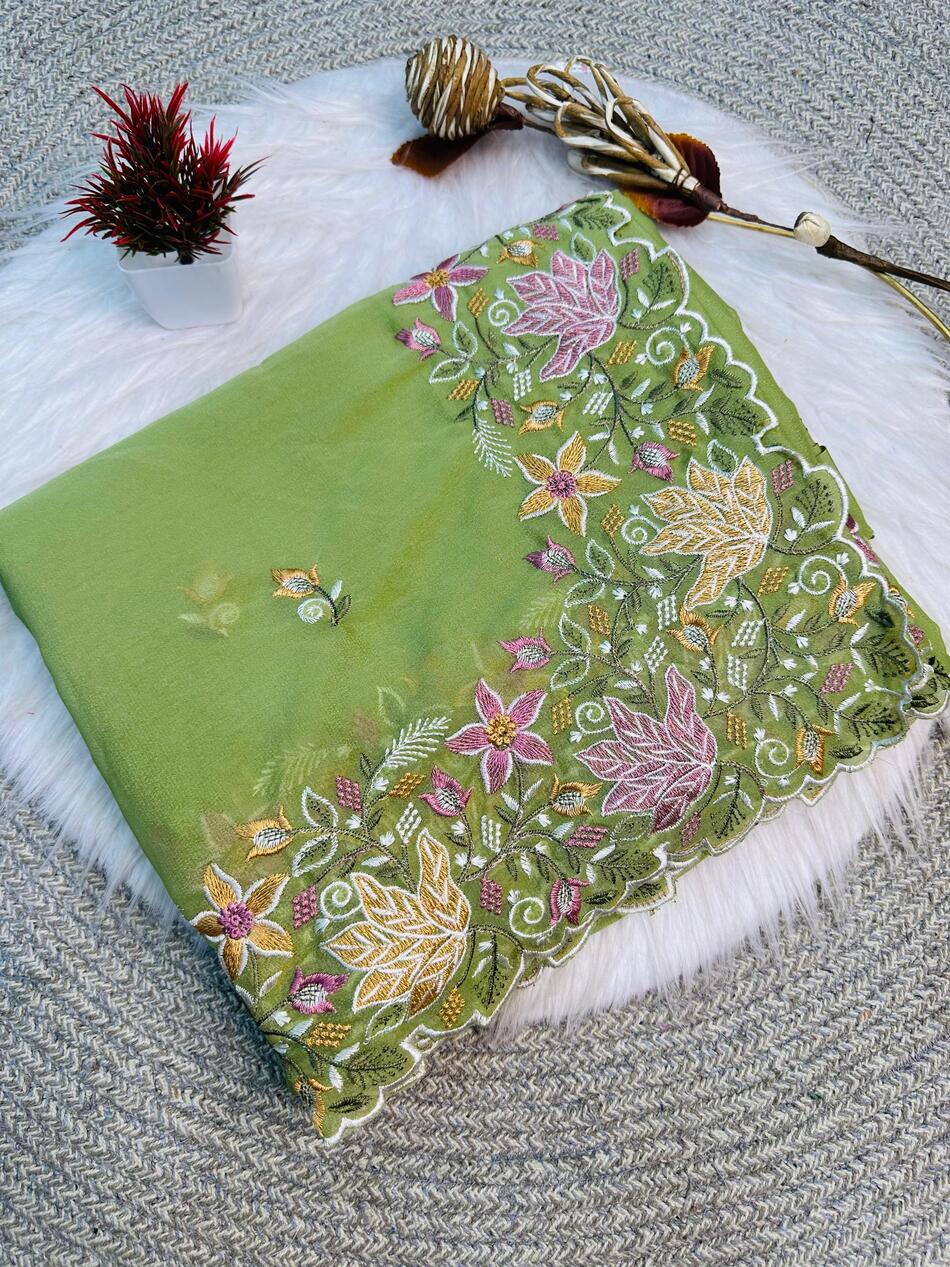 Surpassing Pista Embroidery Work Georgette Saree With Serendipity Blouse Piece