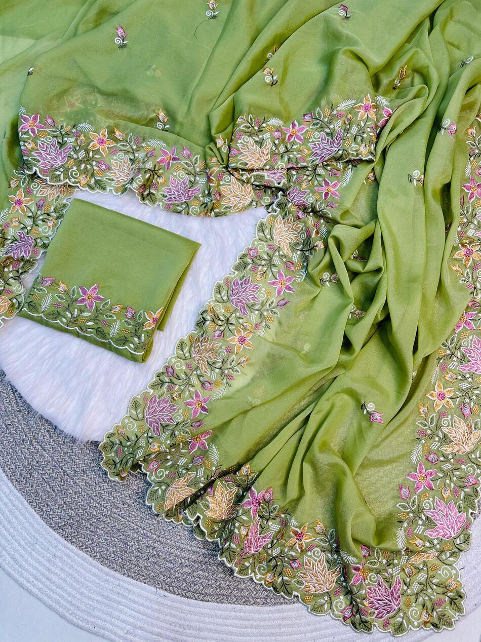 Surpassing Pista Embroidery Work Georgette Saree With Serendipity Blouse Piece