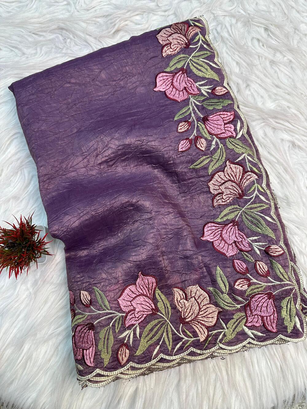 Marvellous Lavender Embroidery Work Crush Silk Saree With Imbrication Blouse Piece