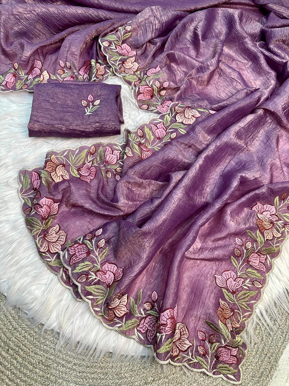 Marvellous Lavender Embroidery Work Crush Silk Saree With Imbrication Blouse Piece