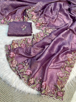 Marvellous Lavender Embroidery Work Crush Silk Saree With Imbrication Blouse Piece
