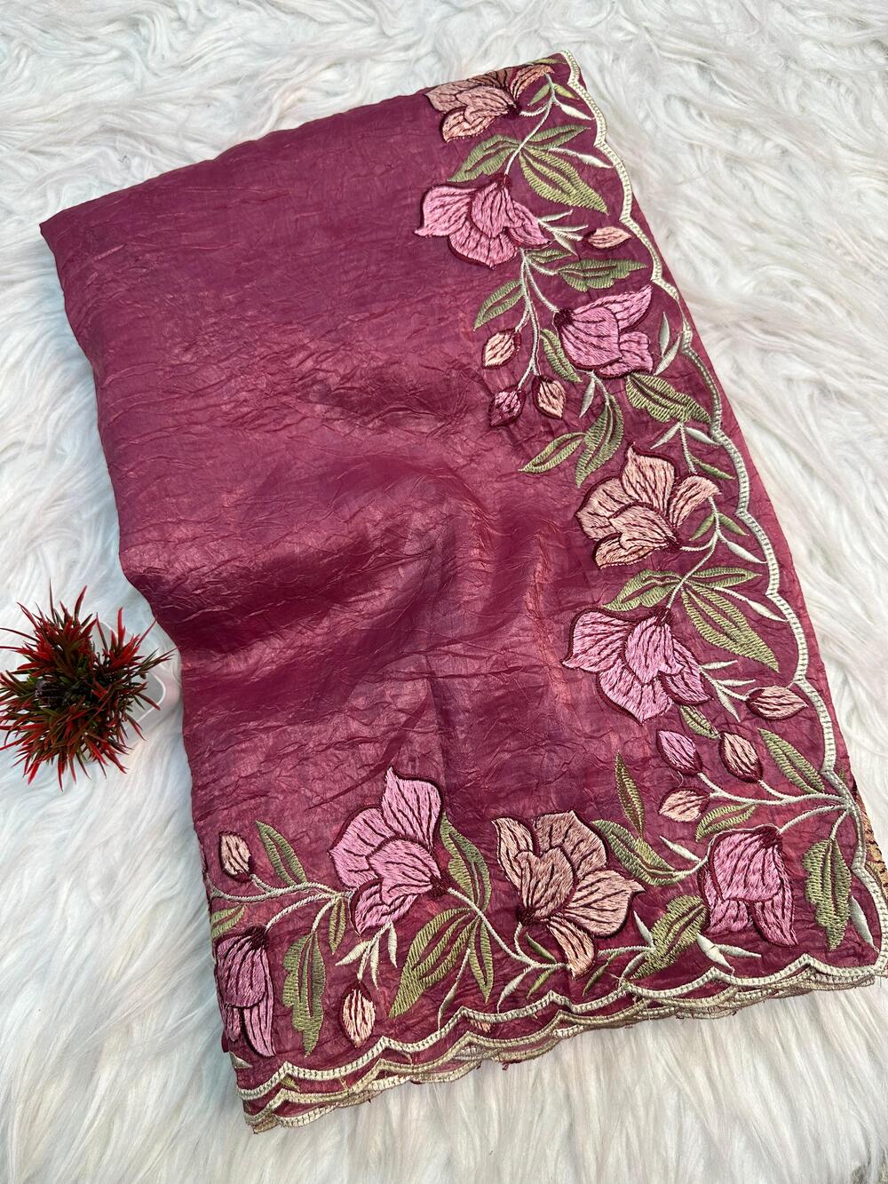 Ornate Pink Embroidery Work Crush Silk Saree With Panache Blouse Piece