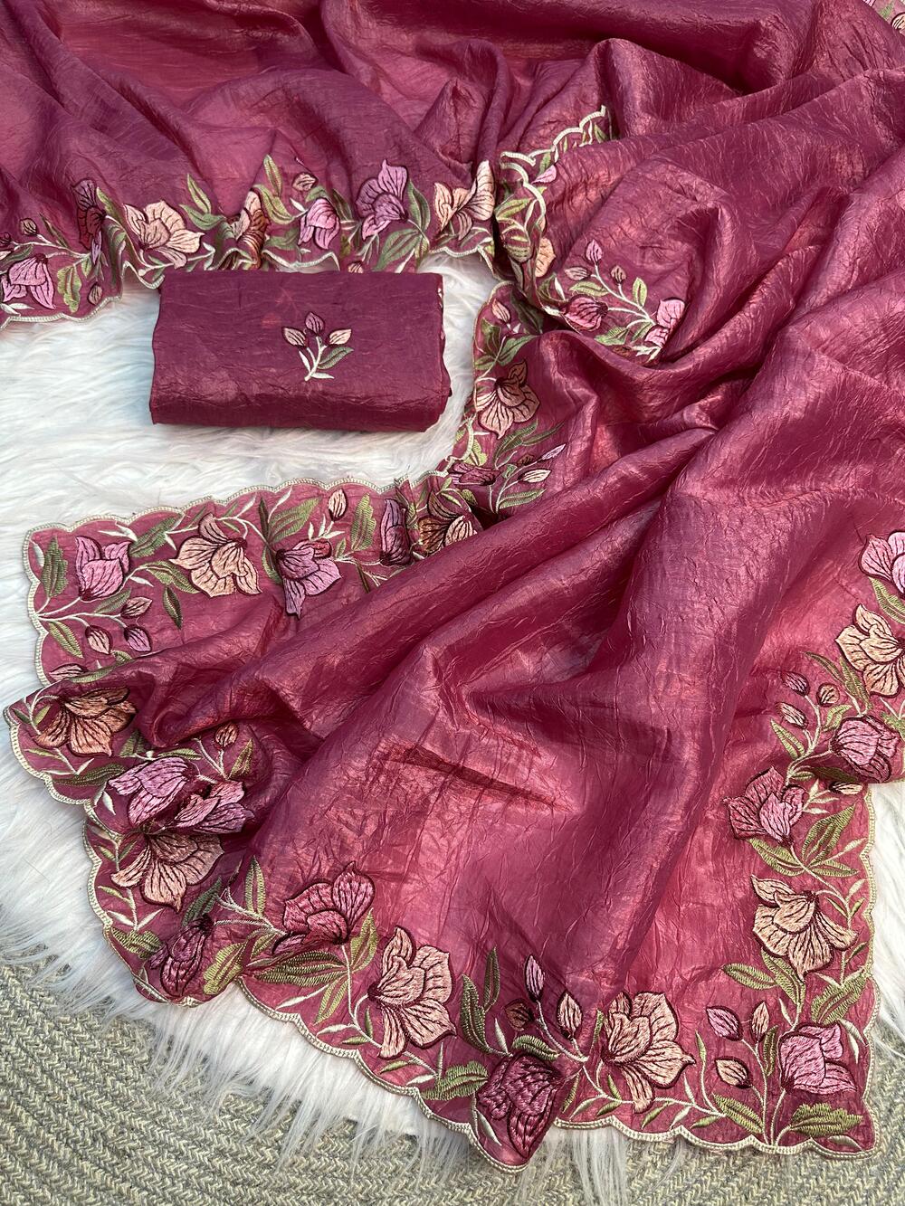 Ornate Pink Embroidery Work Crush Silk Saree With Panache Blouse Piece