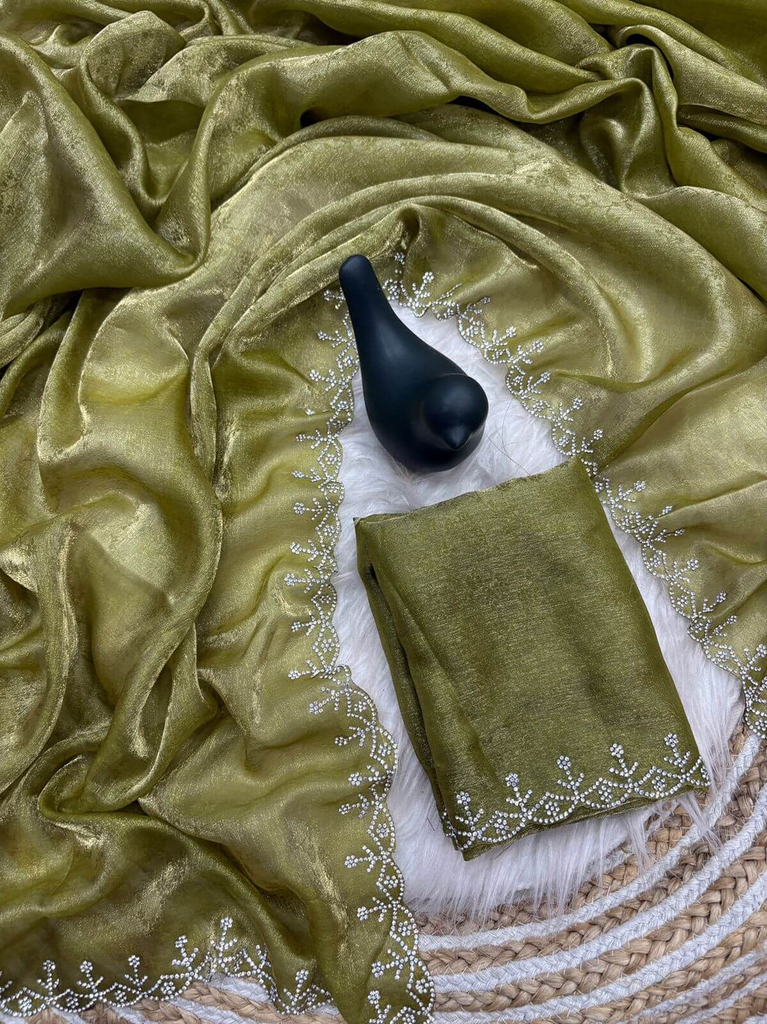 Tremendous Green Swarovski Work Fandy Silk Saree With Aplomb Blouse Piece