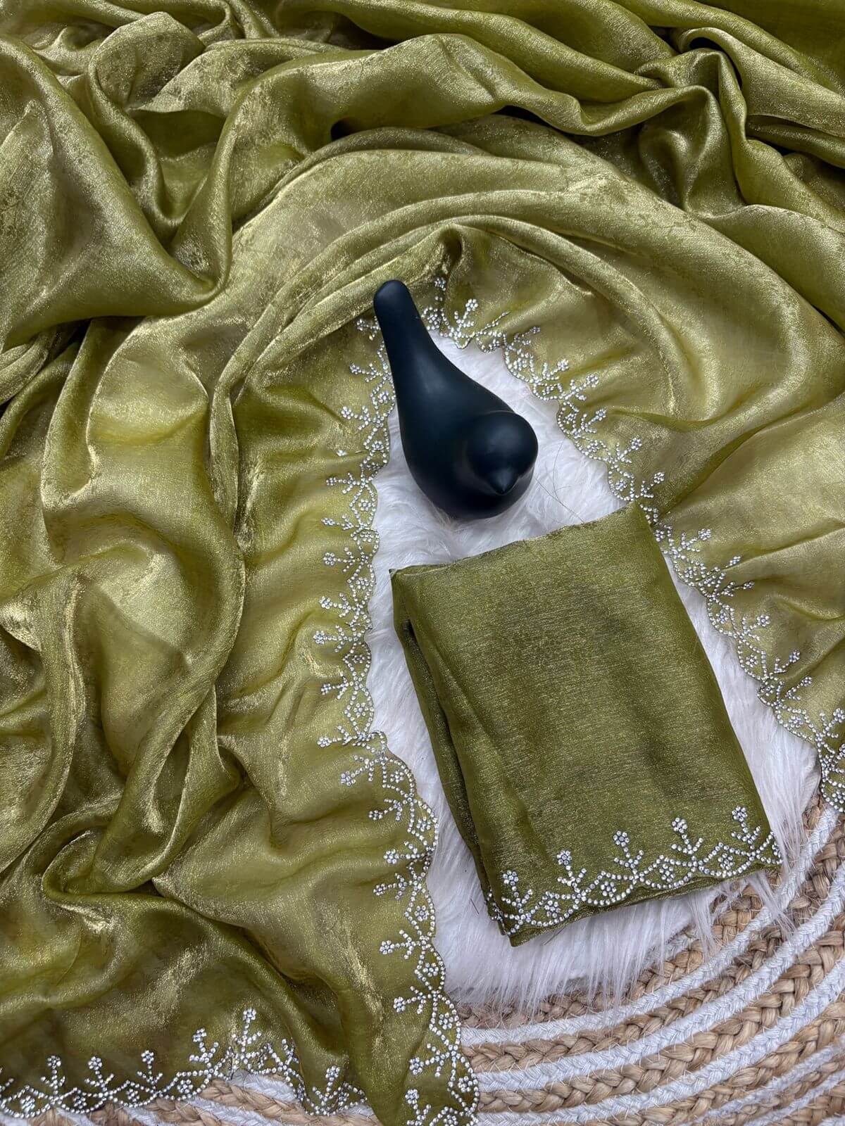 Tremendous Green Swarovski Work Fandy Silk Saree With Aplomb Blouse Piece