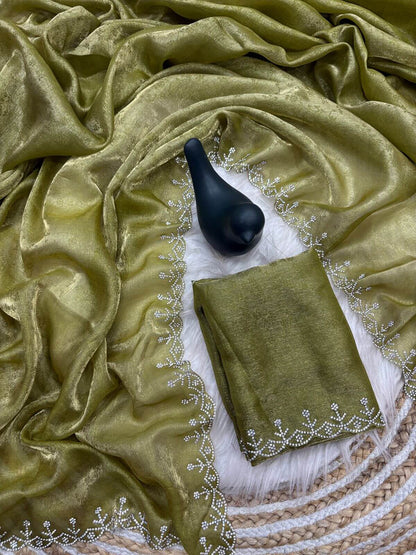 Tremendous Green Swarovski Work Fandy Silk Saree With Aplomb Blouse Piece