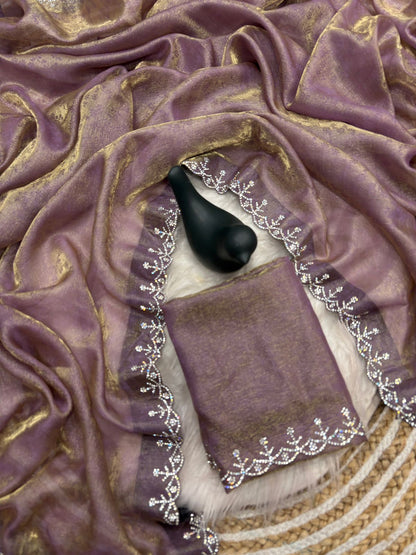 Flaunt Lavender Swarovski Work Fandy Silk Saree With Sumptuous Blouse Piece