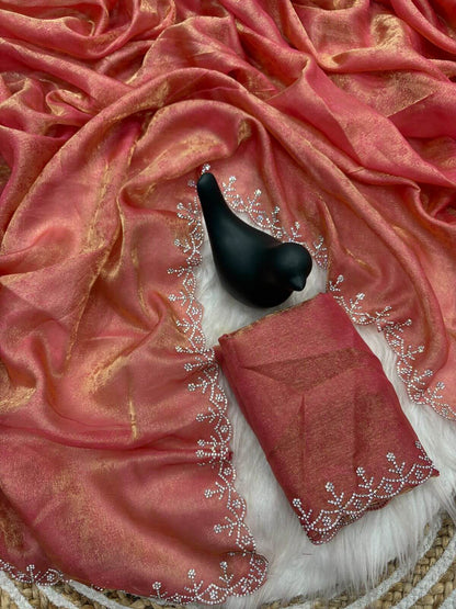 Confounding Pink Swarovski Work Fandy Silk Saree With Evocative Blouse Piece