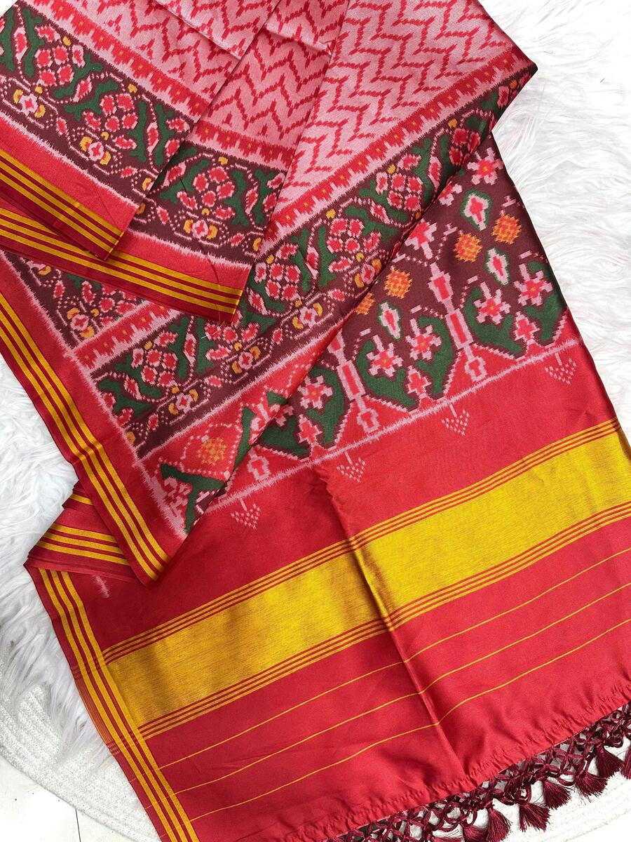 Unequalled Pink Ikkat Printed Patola Silk Saree With Panoply Blouse Piece