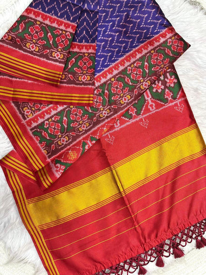 Gossamer Royal Blue Ikkat Printed Patola Silk Saree With Grandiose Blouse Piece