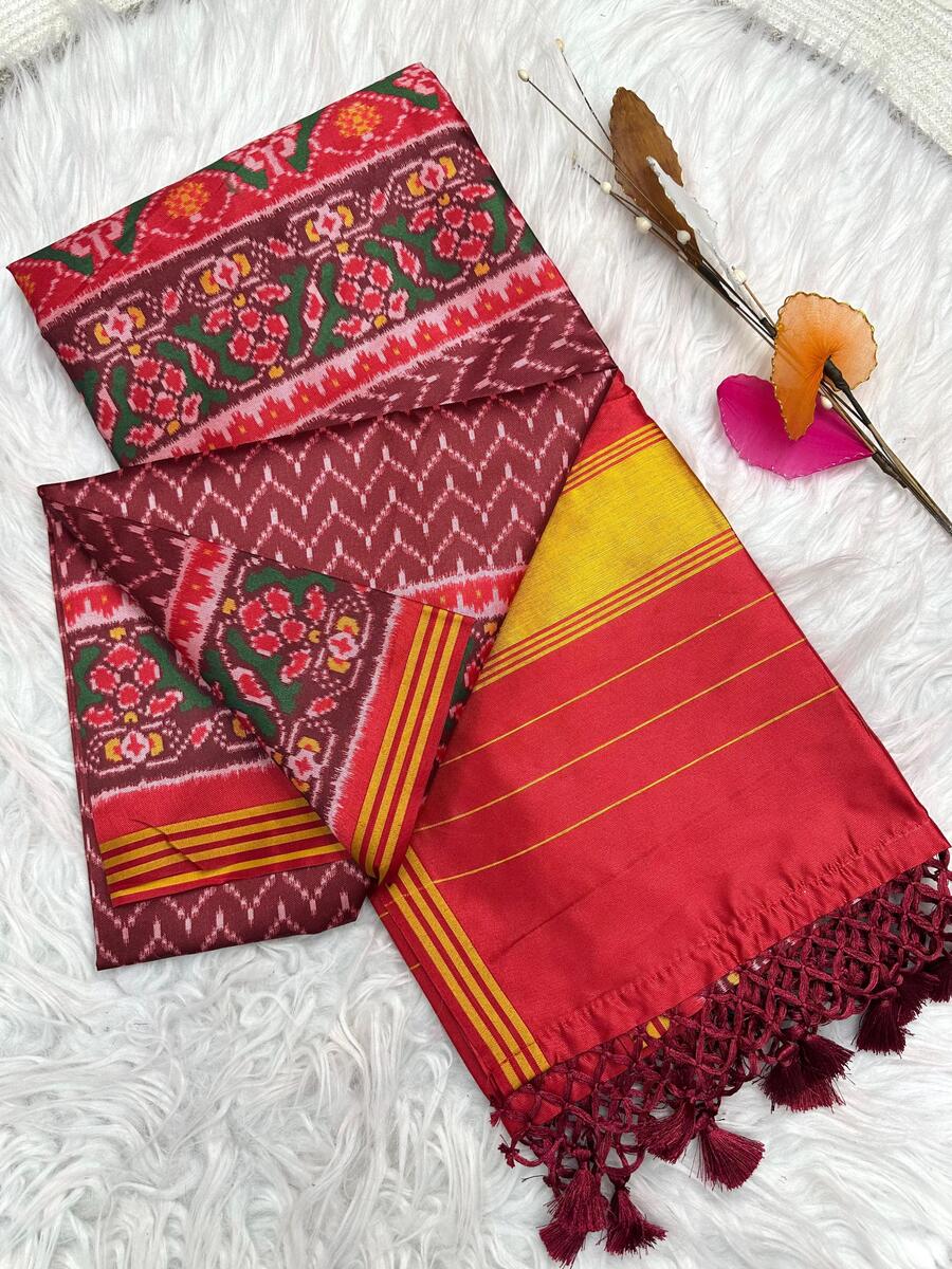 Desultory Wine Ikkat Printed Patola Silk Saree With Adorning Blouse Piece