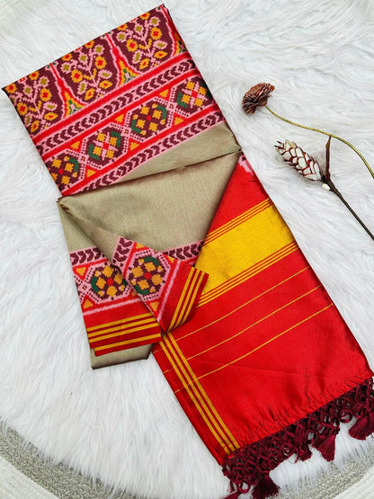 Allure Dark Beige Ikkat Printed Patola Silk Saree With Winsome Blouse Piece