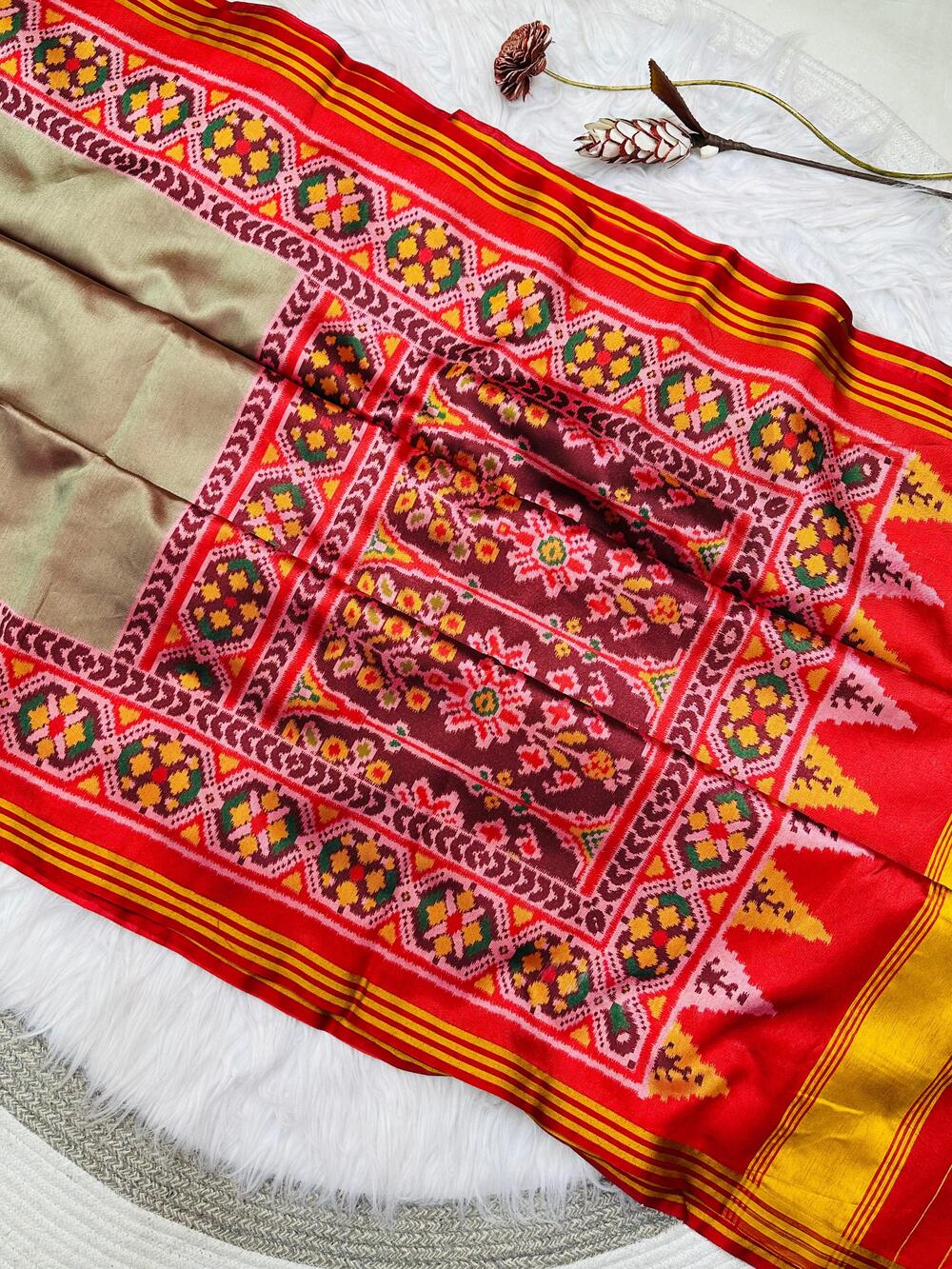 Allure Dark Beige Ikkat Printed Patola Silk Saree With Winsome Blouse Piece